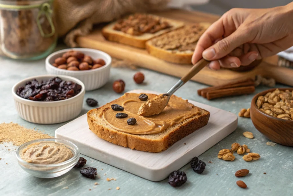 spreading almond butter on a slice of gluten-free raisin toast