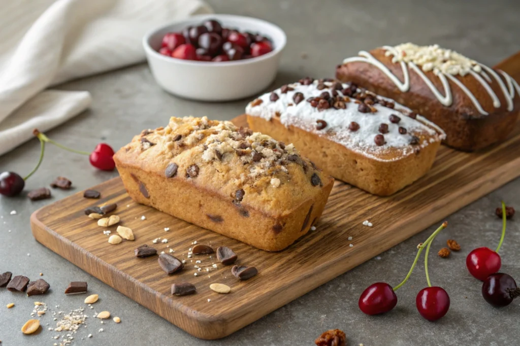 Three mini cherry chip bread loaves topped with nuts, white chocolate drizzle, and powdered sugar on a rustic wooden board.