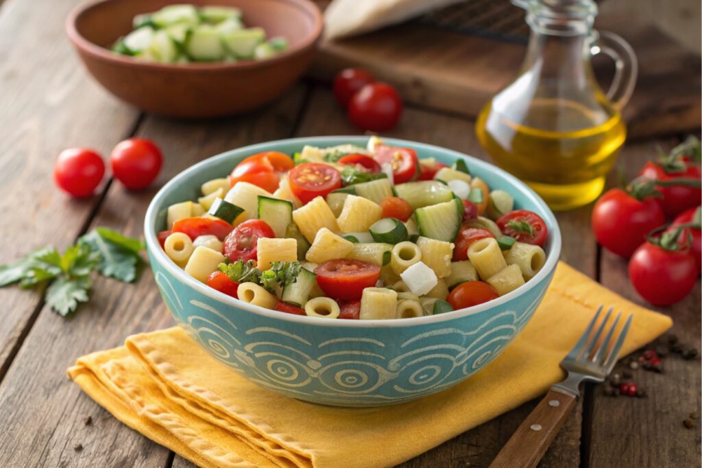 Ditalini pasta salad with tomatoes, cucumbers, and Italian dressing served in a bowl on a wooden table.