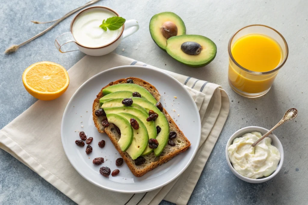 Balanced Breakfast with Raisin Toast, Avocado, and Yogurt