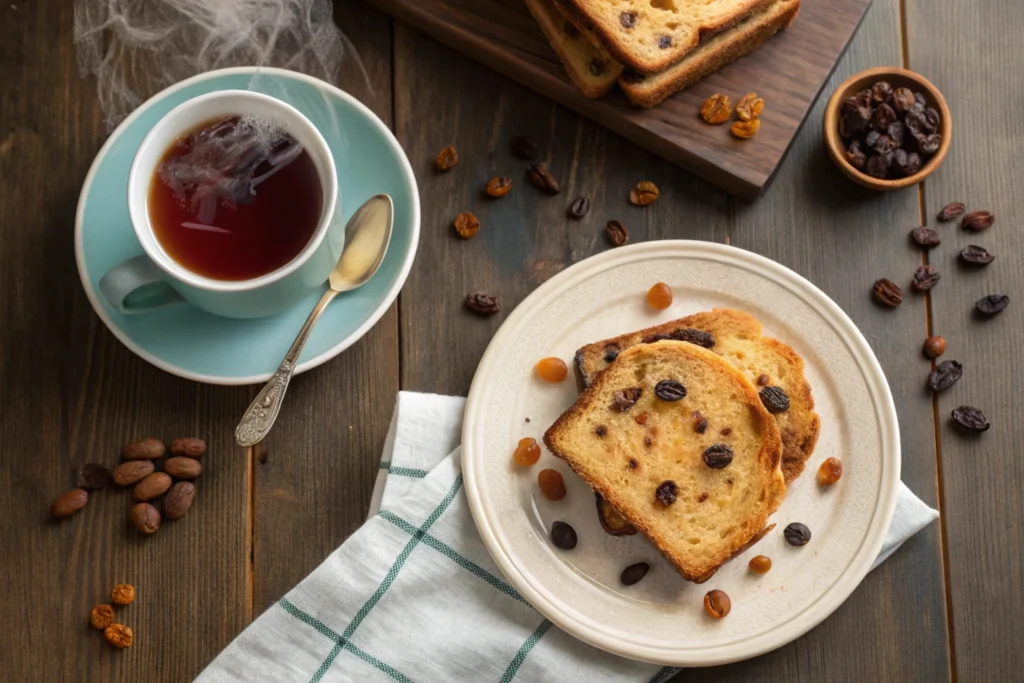 vegan breakfast with tea and raisin toast