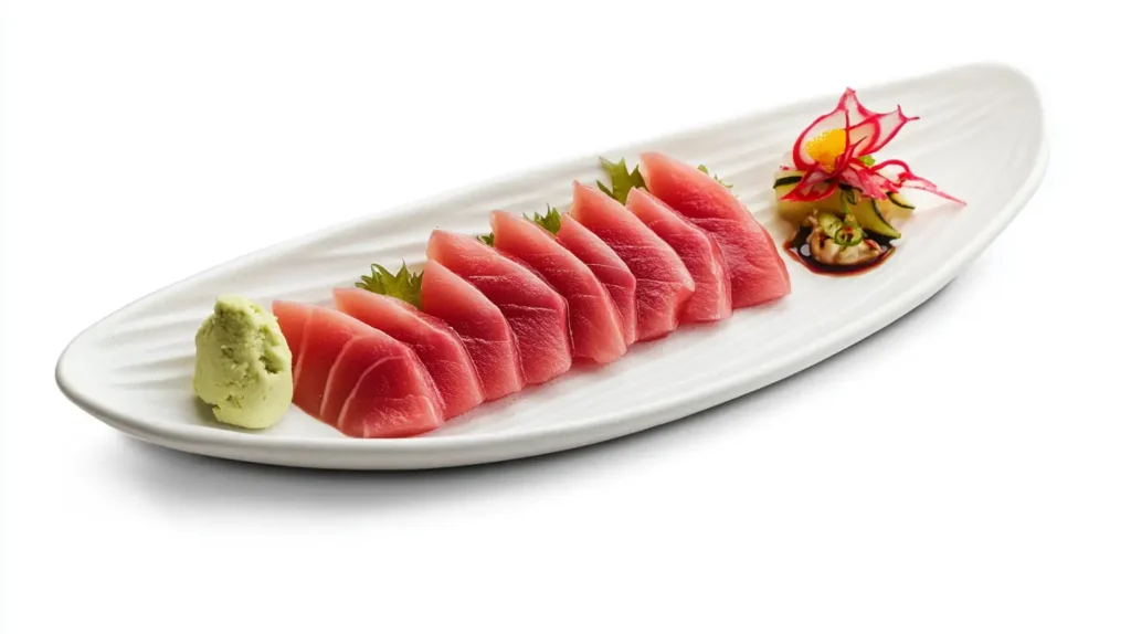 bluefin tuna sashimi, thinly sliced with vibrant pink hues, accompanied by wasabi, soy sauce, and pickled ginger.