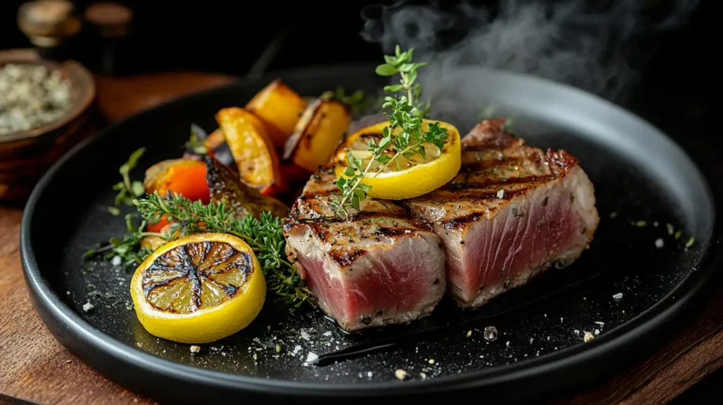 grilled bluefin tuna steak garnished with lemon slices, herbs, and roasted vegetables