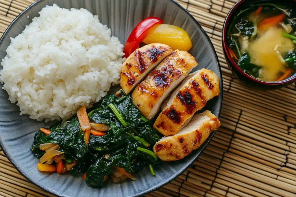 A plated meal featuring stir-fry spinach, grilled chicken, steamed rice, and miso soup.