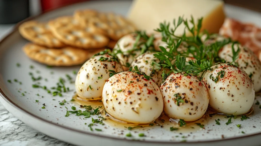 pickled quail eggs with herbs and crackers