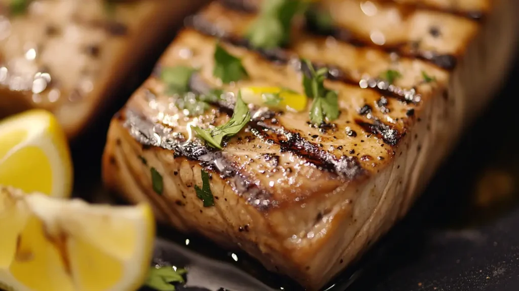 grilled bluefin tuna steak with a seared crust and a tender pink center, garnished with lemon wedges and fresh herbs.