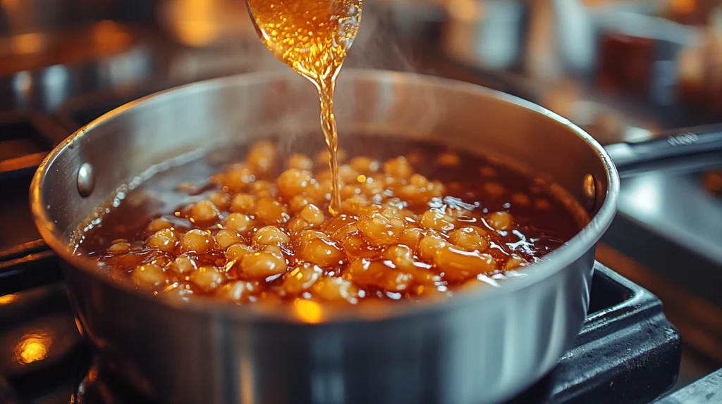 Saucepan on a stovetop with butter, brown sugar, and corn syrup being stirred together to make a caramel-like praline mixture.