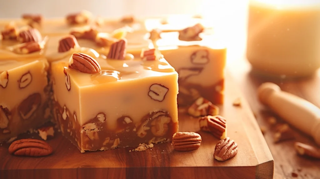 Homemade praline fudge squares on a wooden cutting board with pecans and a simple kitchen background