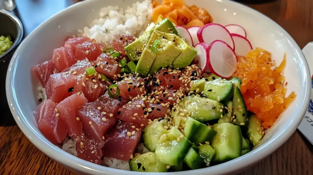 A colorful bluefin tuna poke bowl with diced tuna, avocado, cucumbers, radishes, and sesame dressing, served on sushi rice.