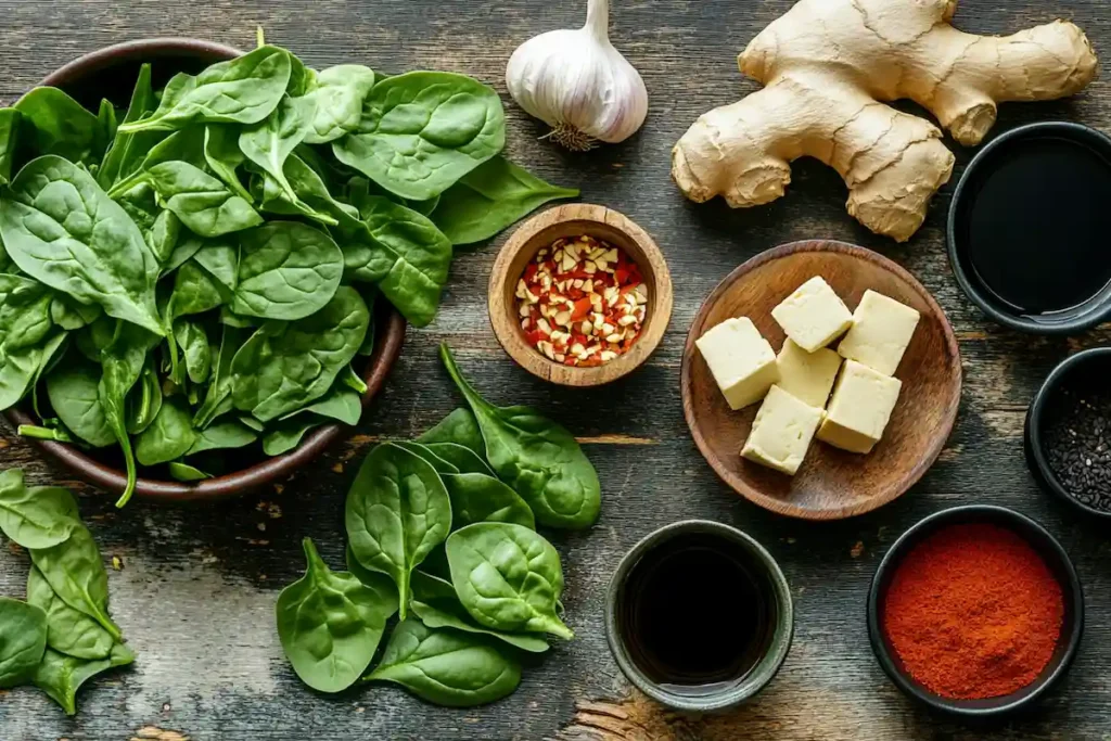 A flat-lay of stir-fry ingredients including fresh spinach leaves, garlic, ginger, soy sauce, olive oil, and tofu.