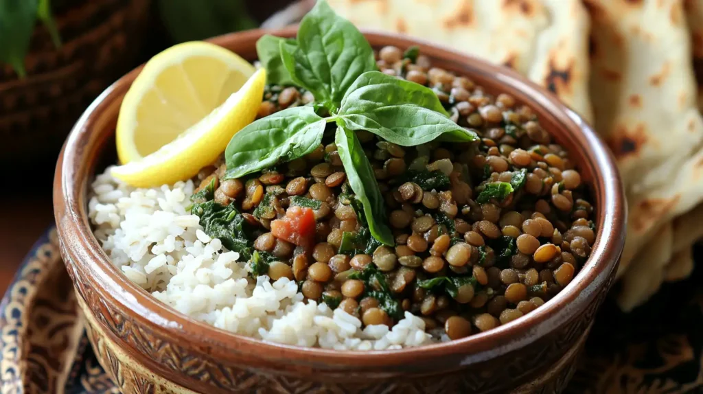 mix of cooked lentils and rice garnished with fresh spinach leaves and served with lemon wedges and pita bread.