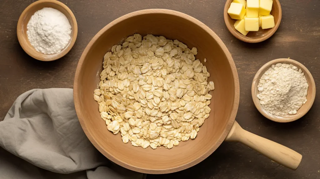 mixing bowl with crumble topping ingredients: flour, oats, butter, and sugar, ready to be mixed.
