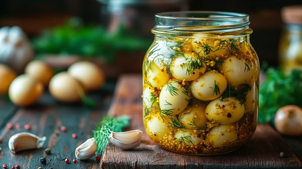 jar of pickled quail eggs with dill and mustard seeds
