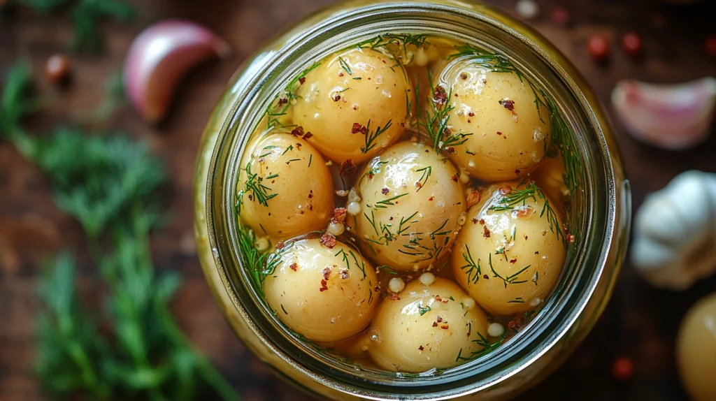 jar filled with pickled quail eggs, garnished with dill and spices