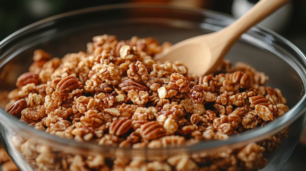 bowl with Crispix cereal and pecans being coated with a golden praline mixture using a wooden spoon
