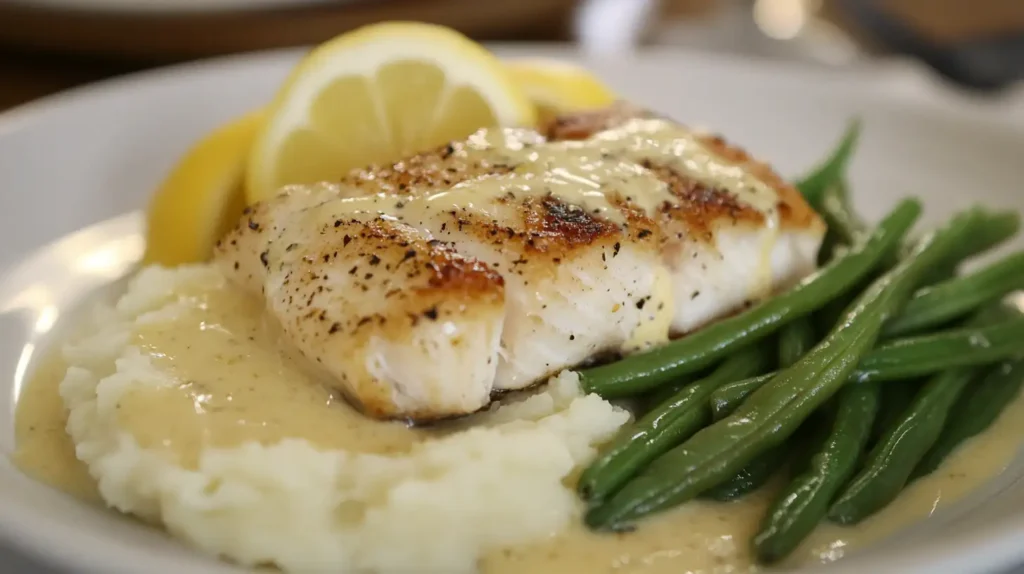 triggerfish dish with creamy mashed potatoes and sautéed green beans, topped with lemon butter sauce