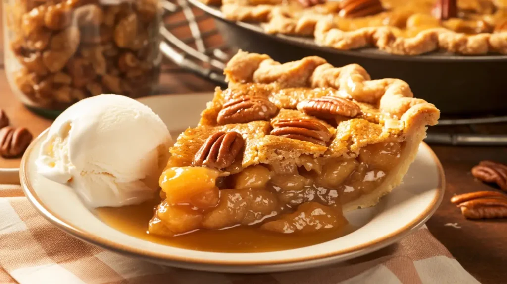 Slice of peach praline pie served with melting vanilla ice cream