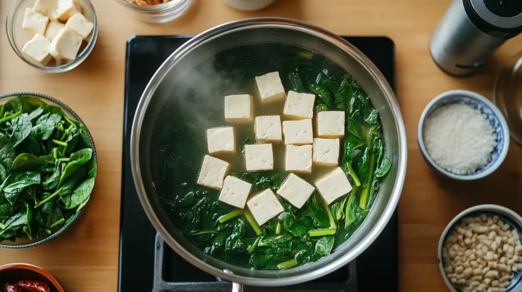 A pot on a stove with spinach, tofu cubes