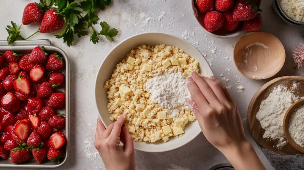 Step-by-step preparation of strawberry crumble: mixing the crumble topping and layering it over sliced strawberries.