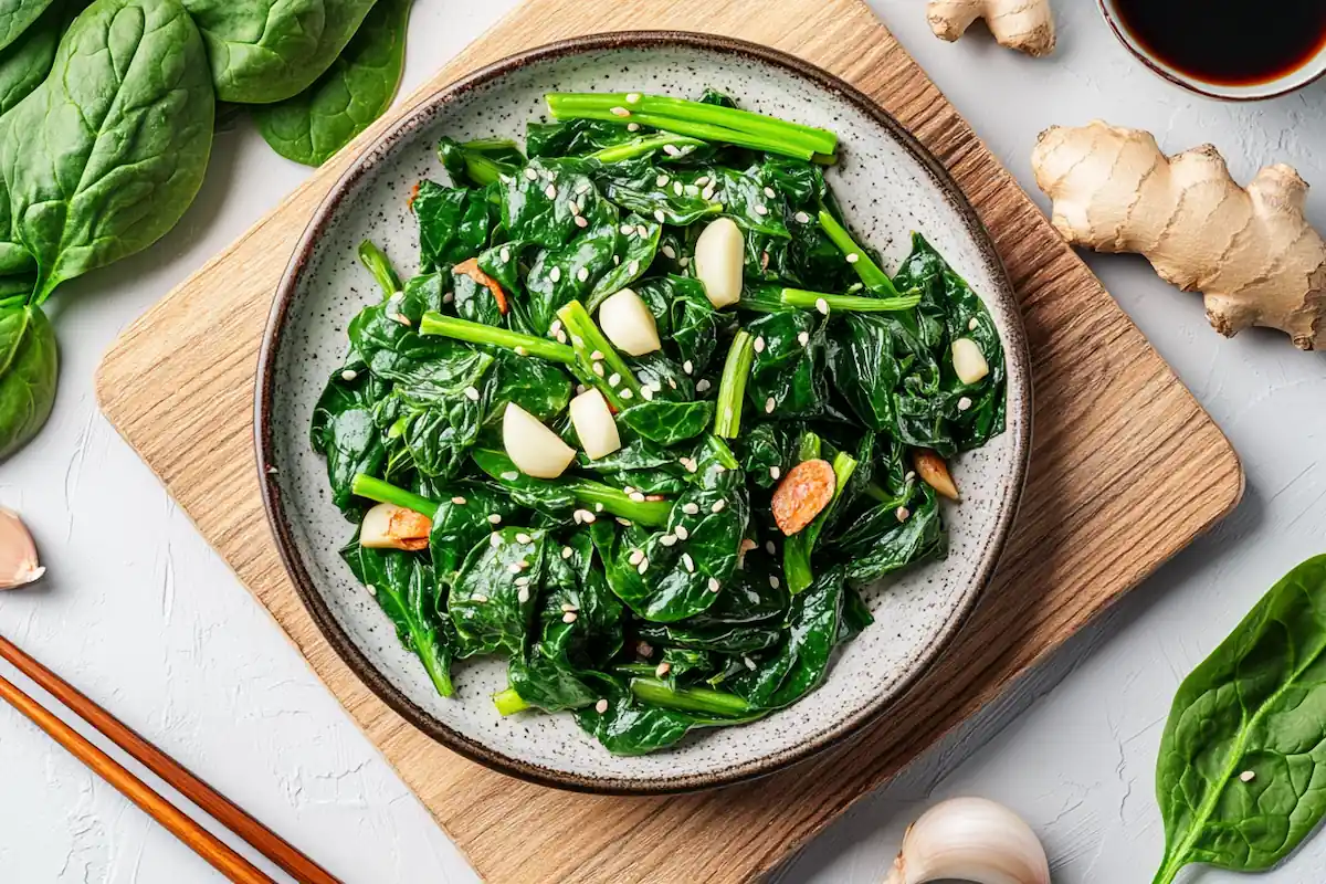 A plate of stir-fry spinach with soy sauce, garlic, and ginger, beautifully plated with fresh spinach leaves and chopsticks.