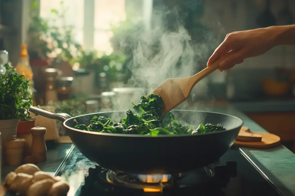 Spinach wilting in a hot wok with garlic and ginger, stirred with a wooden spatula in a lively kitchen scene.