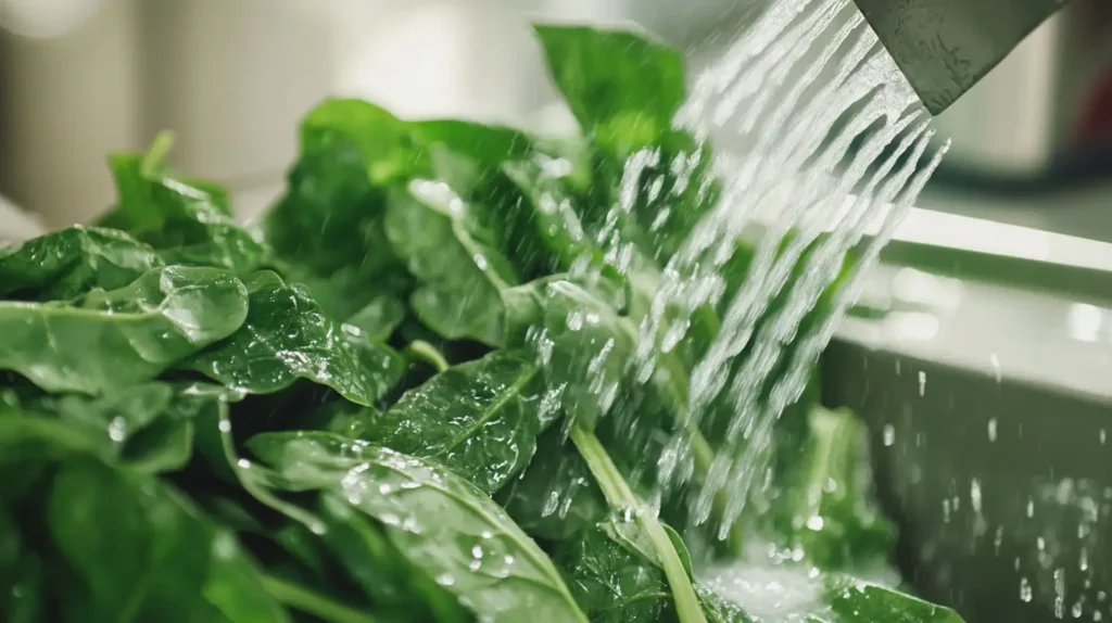 Fresh Chinese spinach being washed