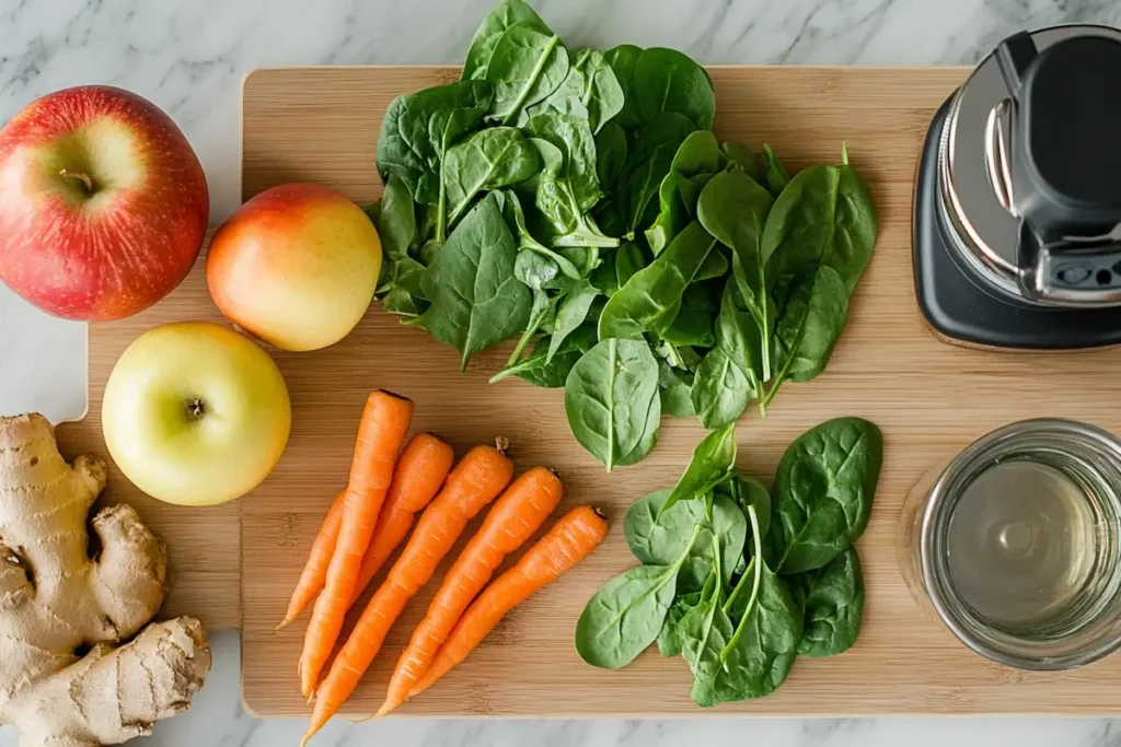 Essential juicing equipment including a juicer, fresh spinach leaves, apples, carrots, and ginger arranged on a wooden cutting board.