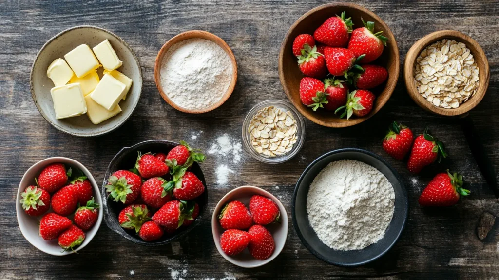 Ingredients for strawberry crumble laid out on a rustic wooden table: fresh strawberries, flour, butter, sugar, and oats.
