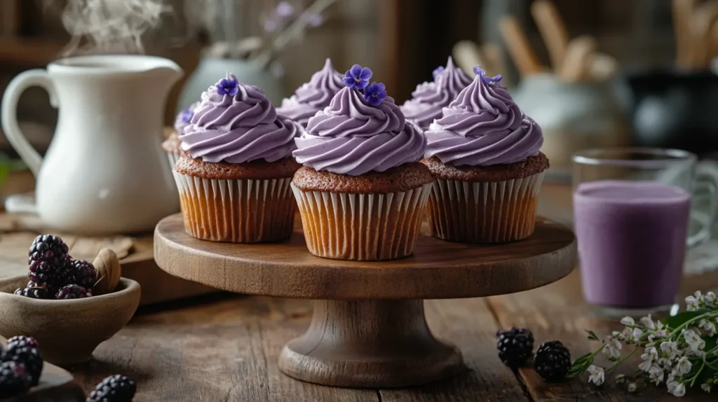 homemade purple velvet cupcakes with vibrant purple frosting, paired with coffee, milk, tea, and a berry milkshake.