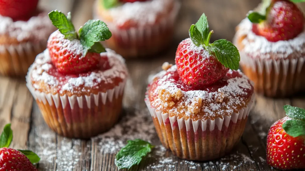 strawberry crumble cupcakes with fresh strawberries, mint leaves, and powdered sugar