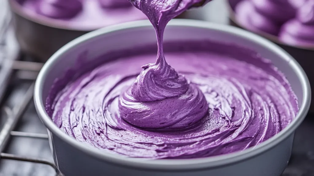 Purple velvet cake batter being poured into round cake pans with a soft purple hue, ready to bake.