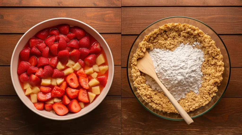 Step-by-step photos of preparing strawberry peach crumble, showing the fruit filling, crumble topping, and layering process.