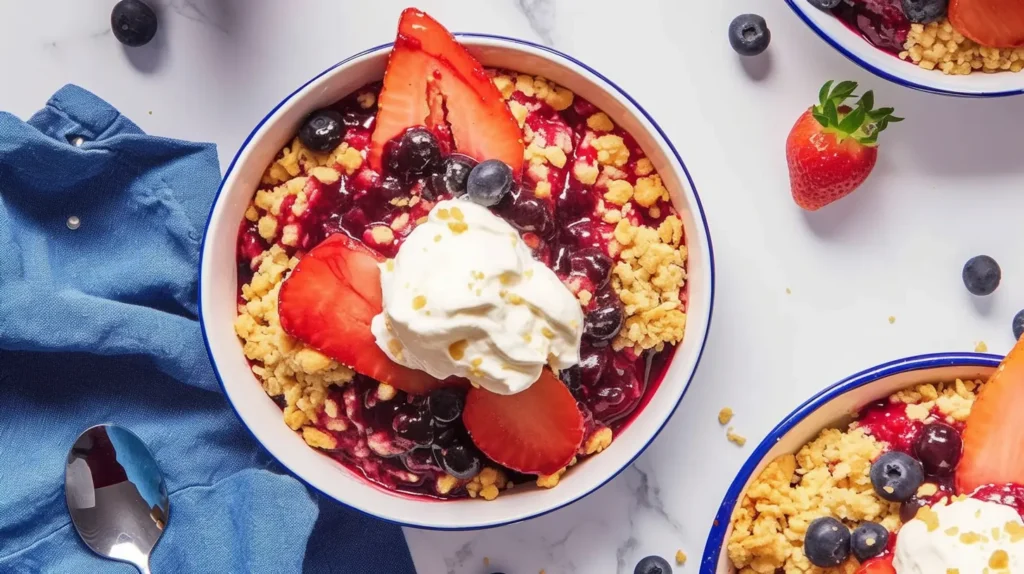  blueberry strawberry crumble topped with whipped cream and garnished with fresh strawberries and blueberries