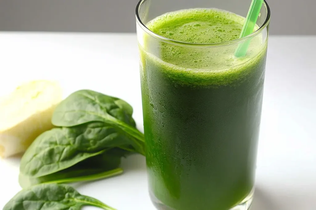 A glass of vibrant green spinach juice with a straw, placed next to fresh spinach leaves and a piece of ginger on a white surface.