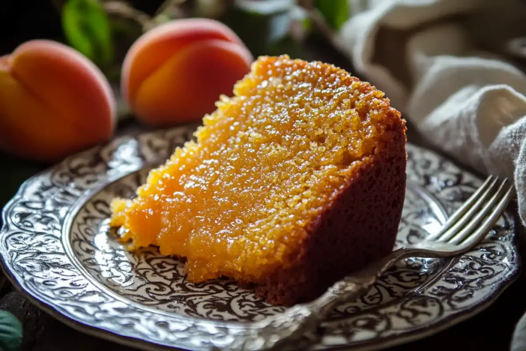 A slice of apricot nectar cake on a dessert plate.