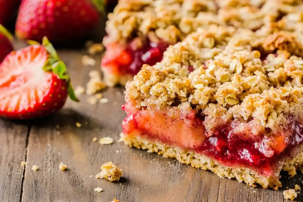 Strawberry crumble bars with oats, golden crumble topping, and fresh strawberries.