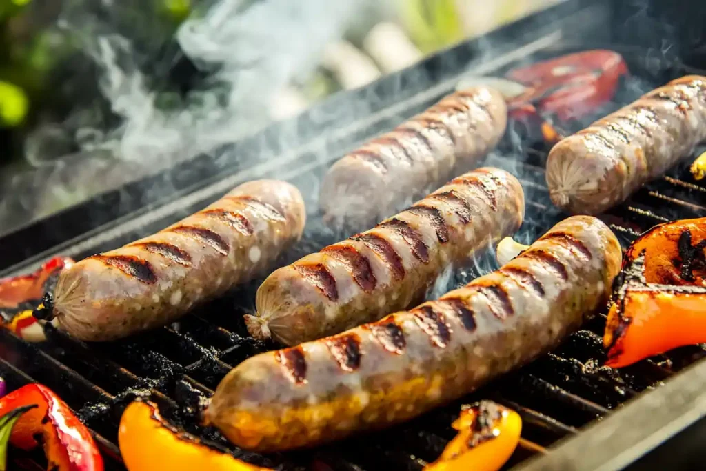 Lamb sausages grilling on a barbecue with a smoky char