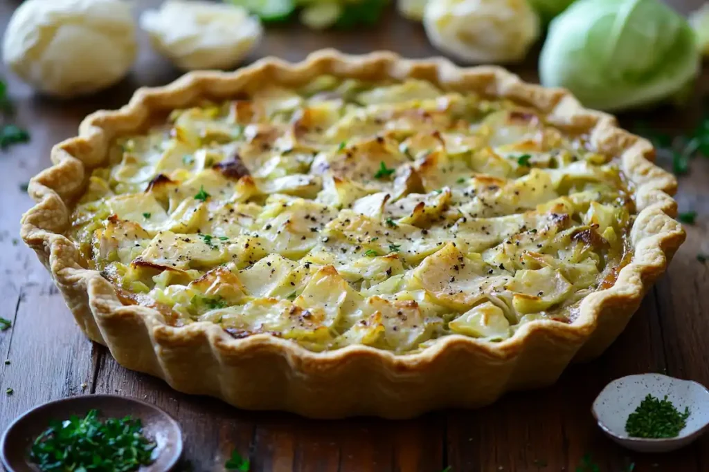 Chicken and cabbage pie fresh from the oven