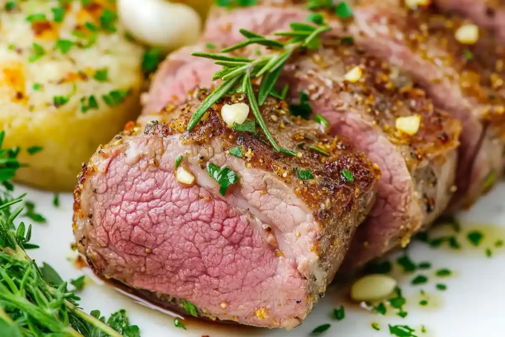 Lamb tenderloin cooked to perfection with garlic and rosemary, showcasing a beautifully seared crust and juicy interior.
