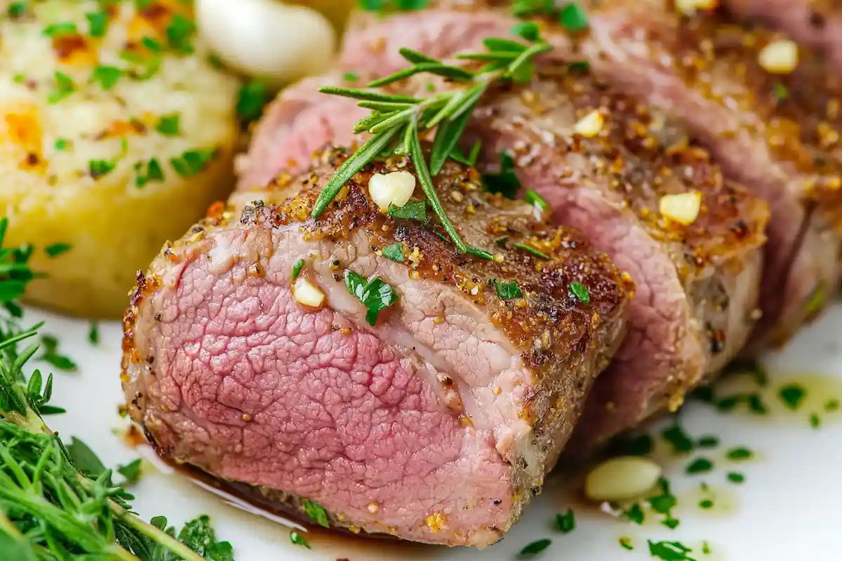 Lamb tenderloin cooked to perfection with garlic and rosemary, showcasing a beautifully seared crust and juicy interior.