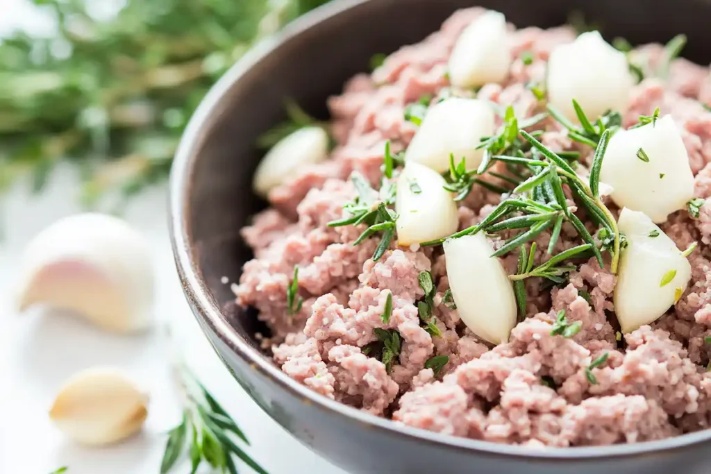 Ground lamb meat with garlic and herbs for sausage preparation