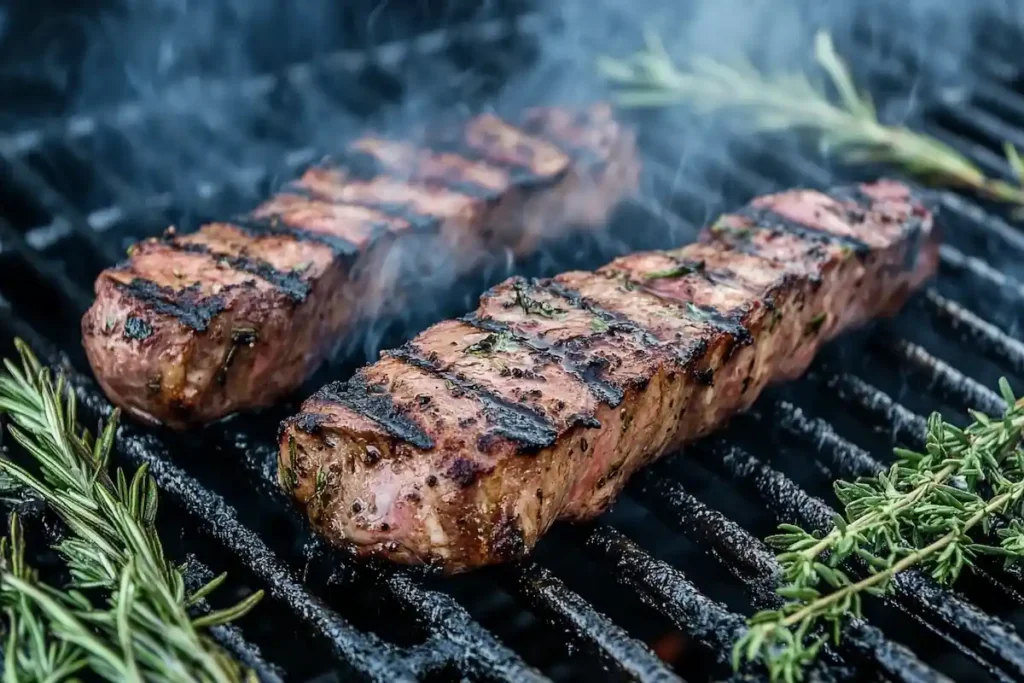 Grilling lamb tenderloin over medium-high heat, with sear marks forming on the meat.