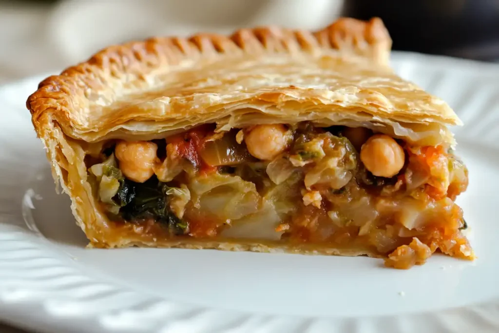 Sliced cabbage and chickpea pie served on a plate