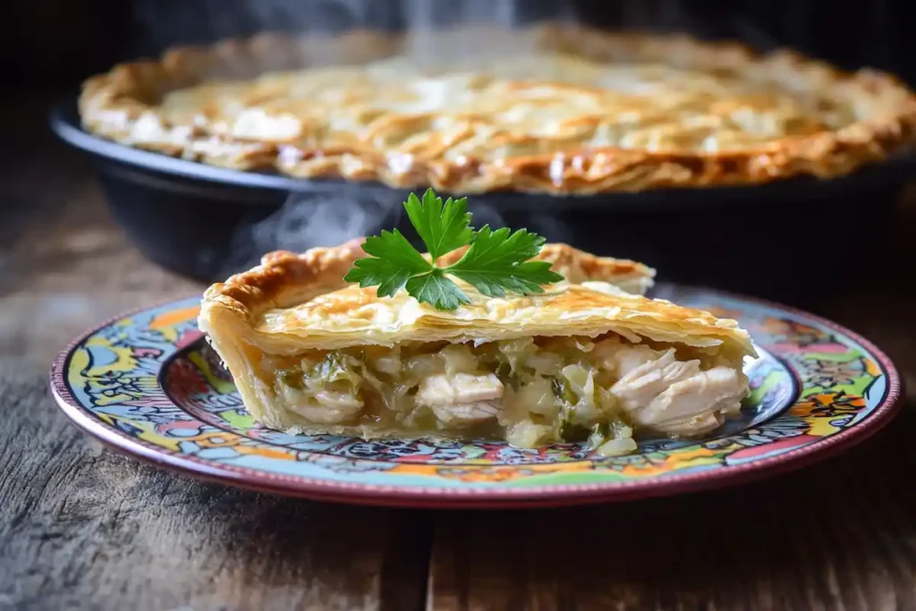 Slice of chicken and cabbage pie on a plate