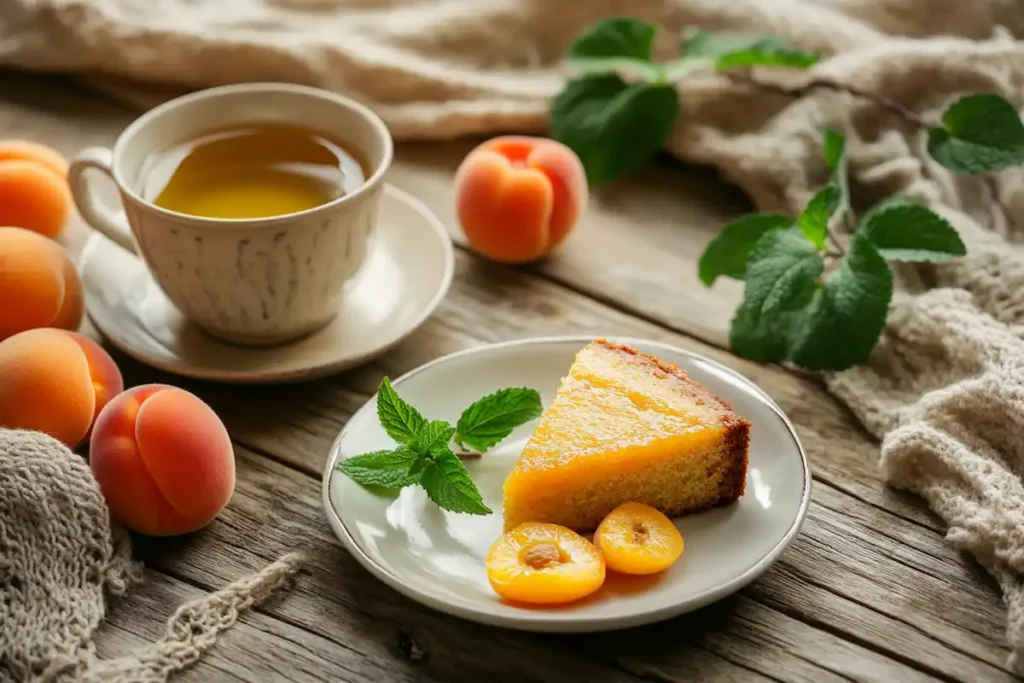 Apricot nectar cake served with tea and fresh apricots.