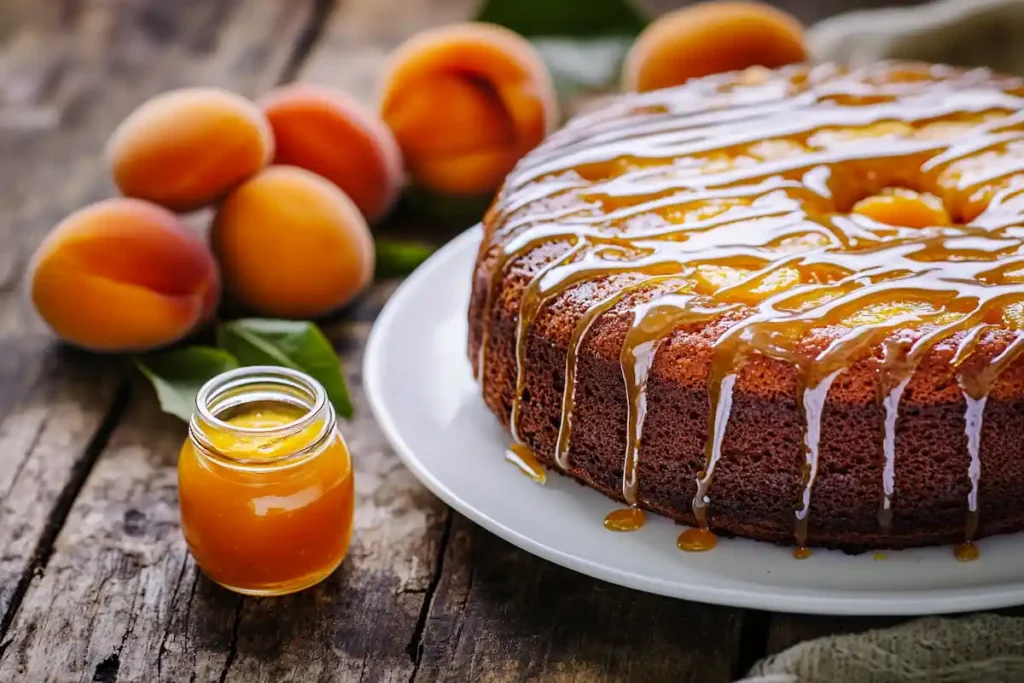 Apricot nectar cake with glaze on a white plate.