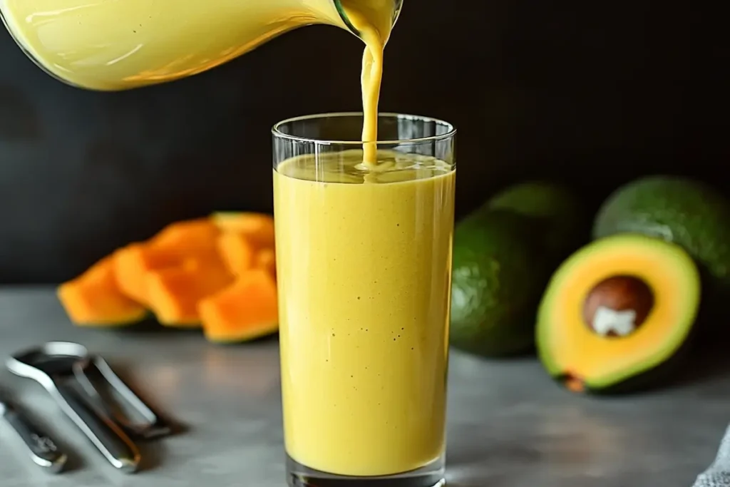 Papaya and avocado smoothie being poured into a glass.