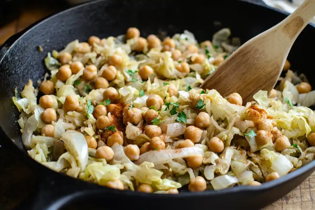 Sauteed cabbage and chickpeas in a pan