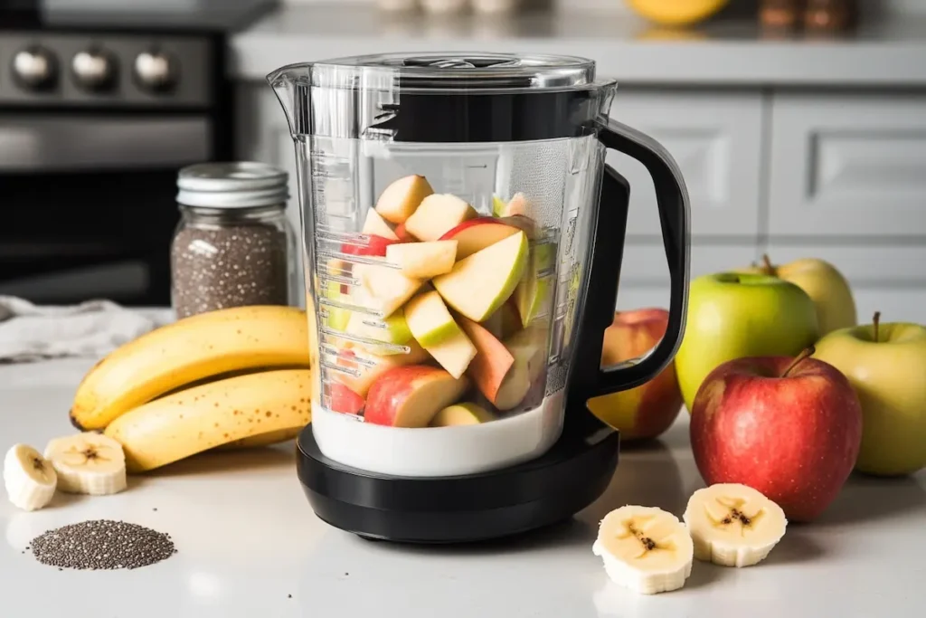 Blending apple banana smoothie ingredients.