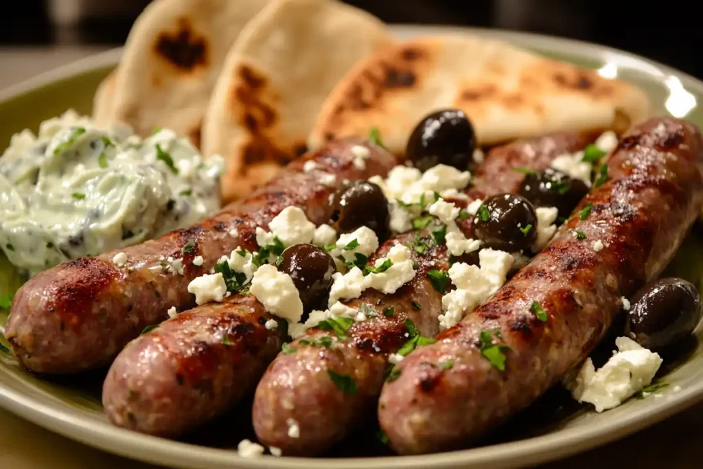 Mediterranean lamb sausage with feta and Kalamata olives on a plate